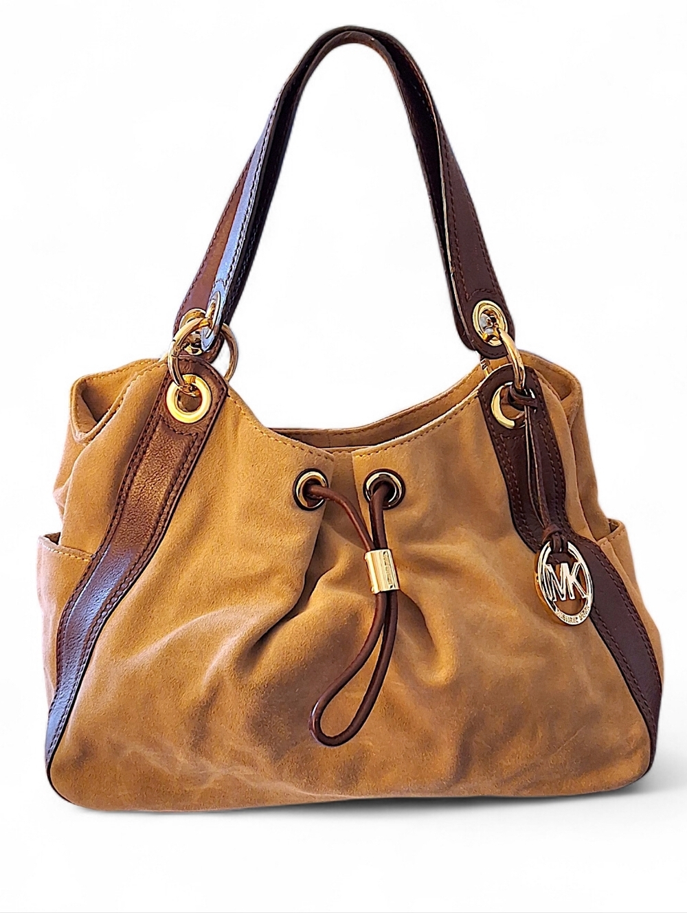 Michael Kors Sonny Suede Drawstring Hobo Bag Tan Brown Leather MK Charm MMK